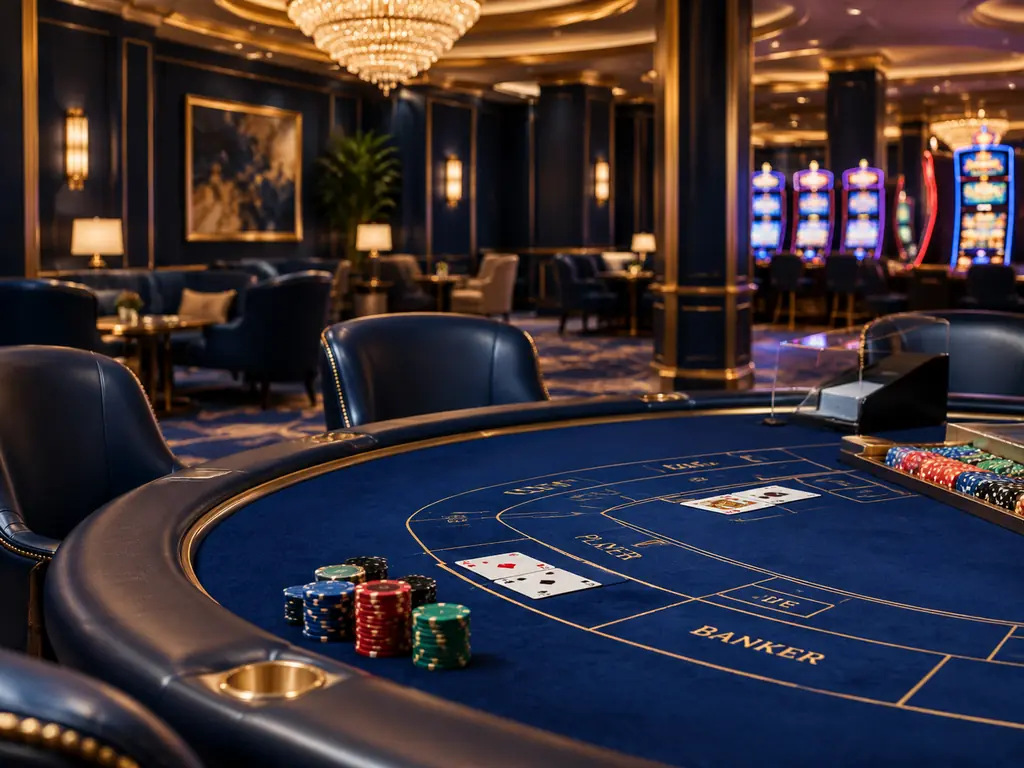 Lounge kasino elegan dengan meja baccarat, lampu emas dan kursi kulit