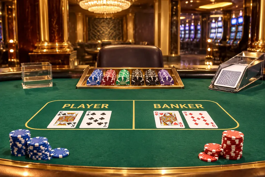 Meja baccarat live dengan kartu remi, keping dan sepatu kartu di studio kasino