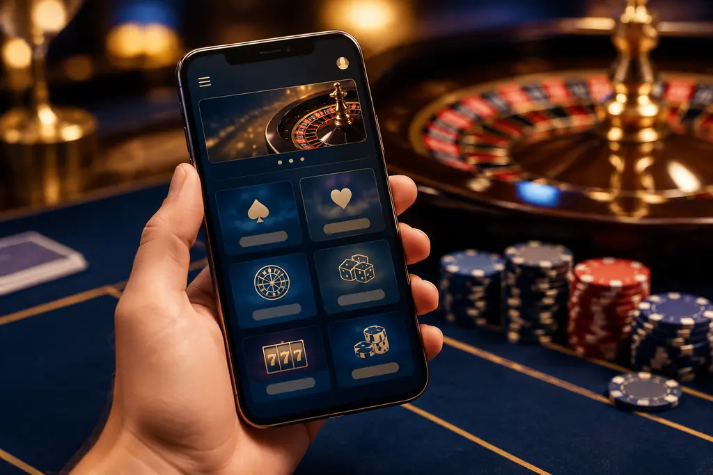 Ponsel di atas meja kasino dengan roda roulette dan keping di latar belakang