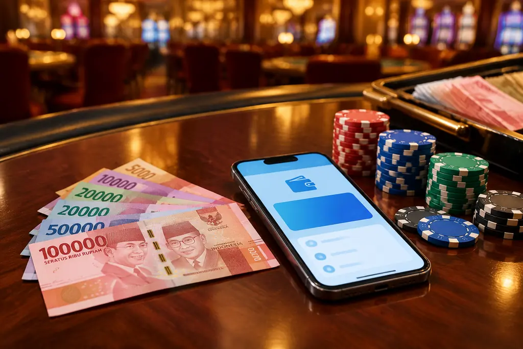 Uang rupiah, ponsel dompet digital dan keping kasino di meja kayu