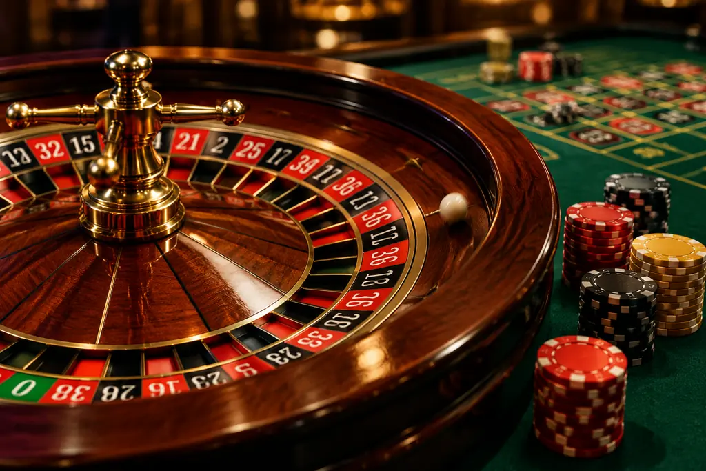 Roda roulette Eropa dengan bola dan keping kasino di meja hijau