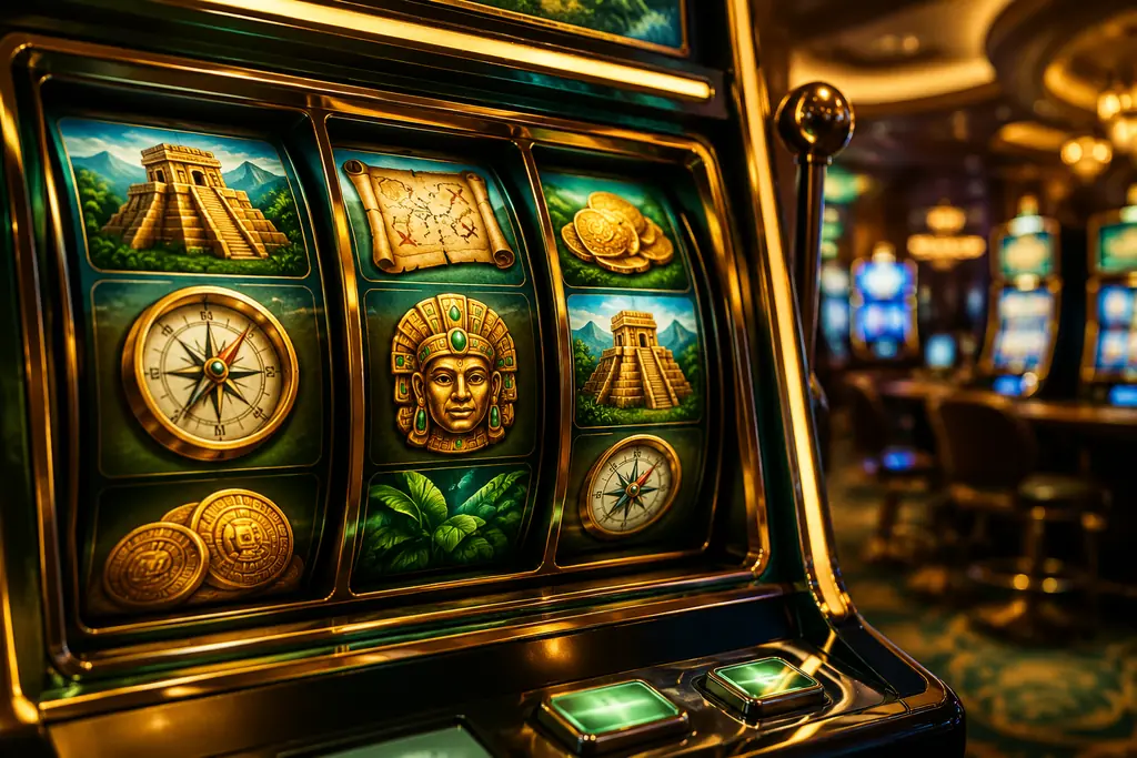 Mesin slot video dengan gulungan bertema petualangan dan koin emas di lantai kasino