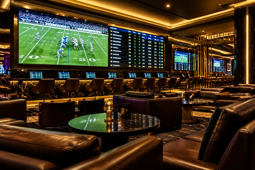 Lounge taruhan olahraga dengan layar pertandingan sepak bola dan papan peluang